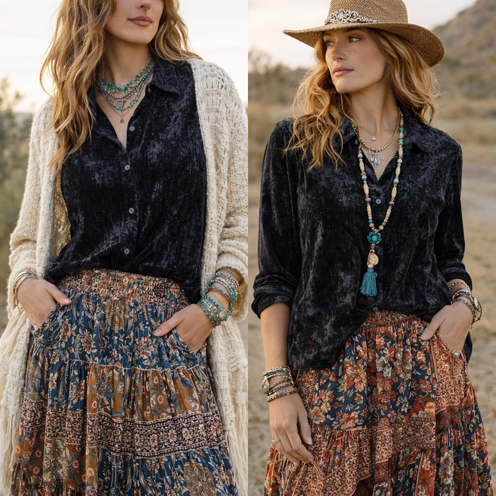 Mystree Black Velvet Button-Down Shirt